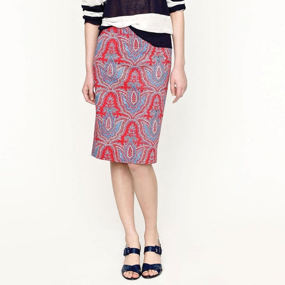 J Crew No. 2 Pencil Skirt Size 4 29 x 21 Paisley Red Cotton Pull On 78860